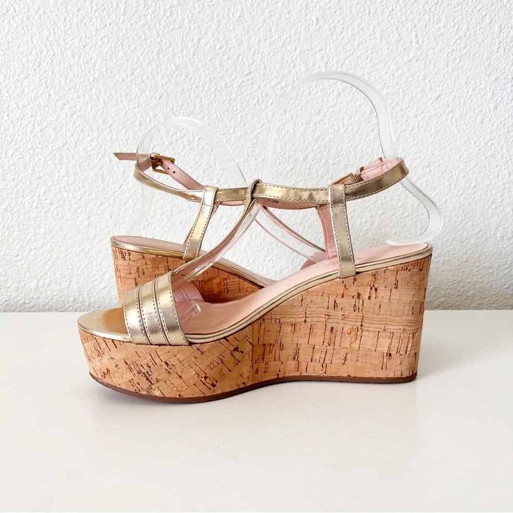 Kate Spade Tallin Metallic Gold Cork Wedges Size 7.5
